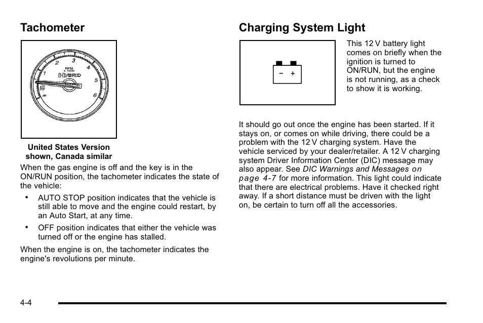 Tachometer, Charging system light, Tachometer -4 charging system light -4 | Cadillac 2010 Escalade Hybrid User Manual | Page 34 / 112