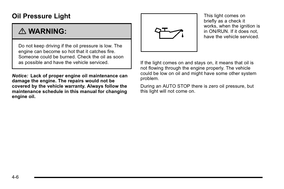 Oil pressure light, Oil pressure light -6, Warning | Cadillac 2010 Escalade Hybrid User Manual | Page 36 / 112