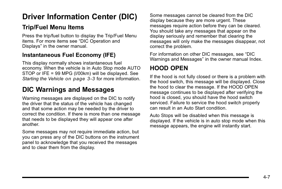 Driver information center (dic), Dic warnings and messages, Driver information center (dic) -7 | Information center (dic) -7, Dic warnings and messages -7, Trip/fuel menu items, Hood open | Cadillac 2010 Escalade Hybrid User Manual | Page 37 / 112