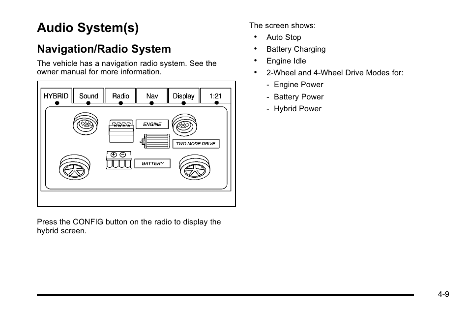 Audio system(s), Navigation/radio system, Audio system(s) -9 | Index, Navigation/radio system -9 | Cadillac 2010 Escalade Hybrid User Manual | Page 39 / 112