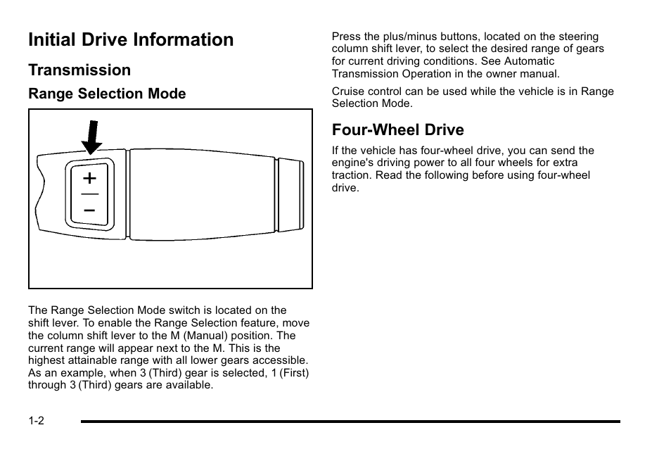 Initial drive information, Transmission, Four-wheel drive | Initial drive information -2, Your, Transmission -2 four-wheel drive -2 | Cadillac 2010 Escalade Hybrid User Manual | Page 6 / 112