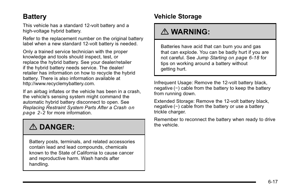 Battery, Battery -17, Danger | Warning | Cadillac 2010 Escalade Hybrid User Manual | Page 67 / 112