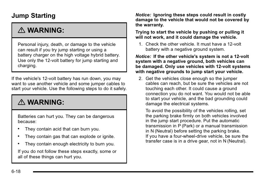 Jump starting, Jump starting -18, Warning | Cadillac 2010 Escalade Hybrid User Manual | Page 68 / 112