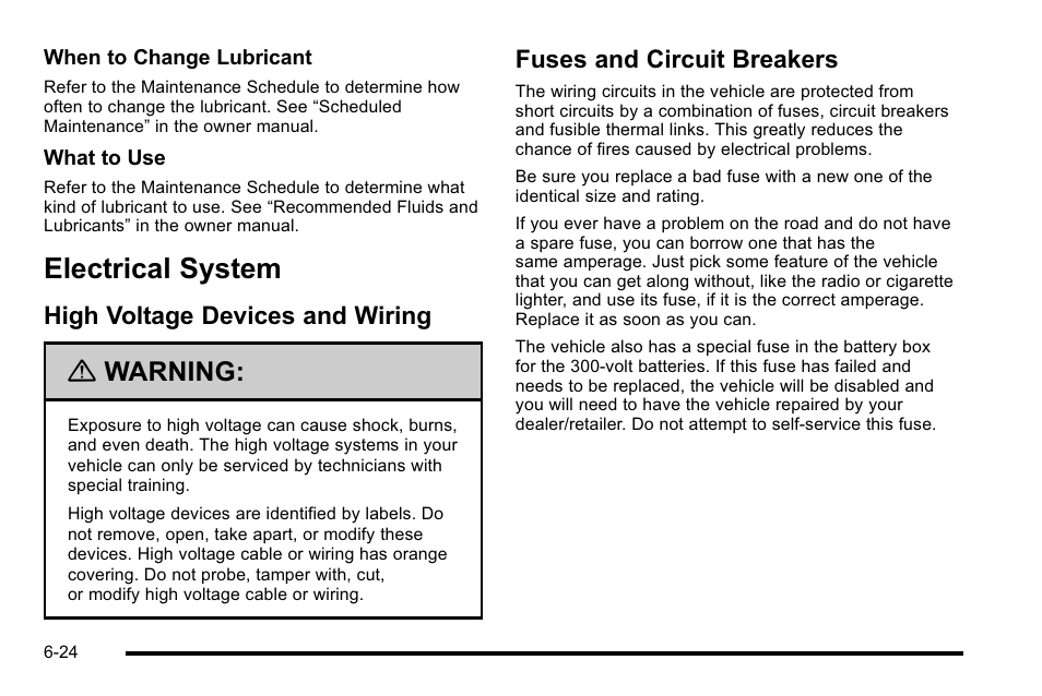 Electrical system, High voltage devices and wiring, Fuses and circuit breakers | Electrical system -24, Warning | Cadillac 2010 Escalade Hybrid User Manual | Page 74 / 112