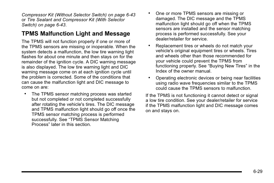 Tpms malfunction light and message | Cadillac 2010 Escalade Hybrid User Manual | Page 79 / 112