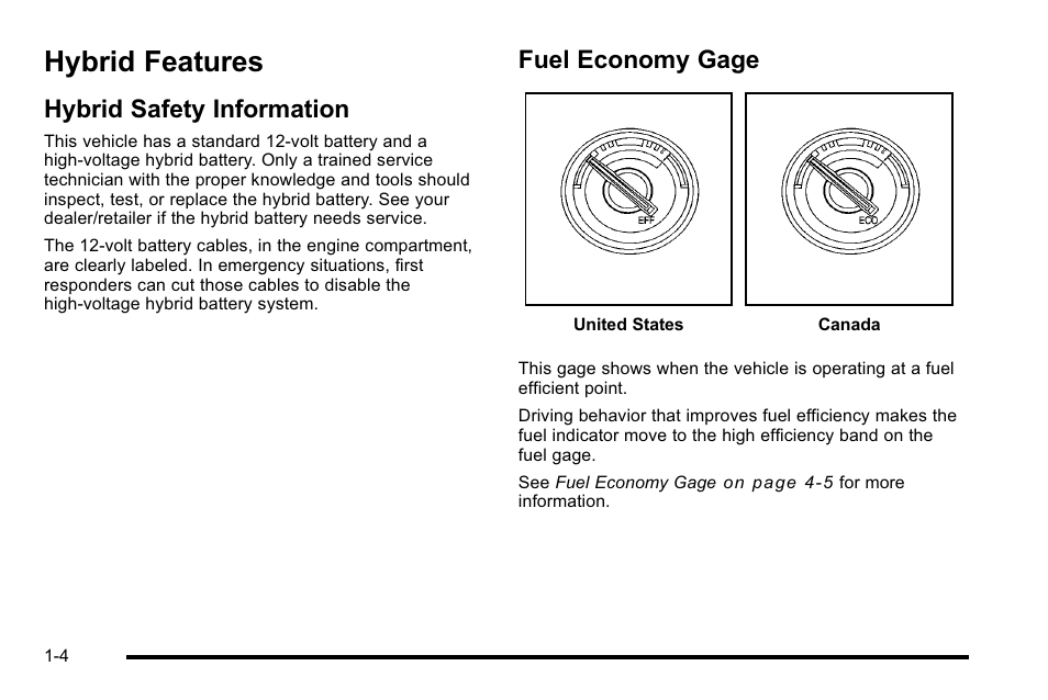 Hybrid features, Hybrid safety information, Fuel economy gage | Hybrid features -4, Towing, Hybrid safety information -4 fuel economy gage -4 | Cadillac 2010 Escalade Hybrid User Manual | Page 8 / 112