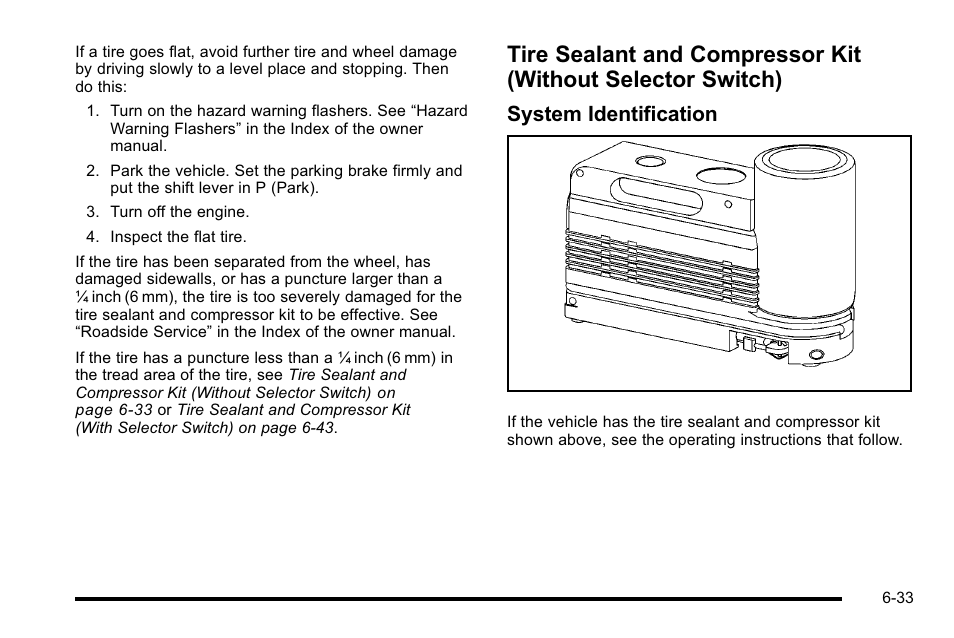 Ire sealant and compressor kit (without, Selector switch) -33, System identification | Cadillac 2010 Escalade Hybrid User Manual | Page 83 / 112