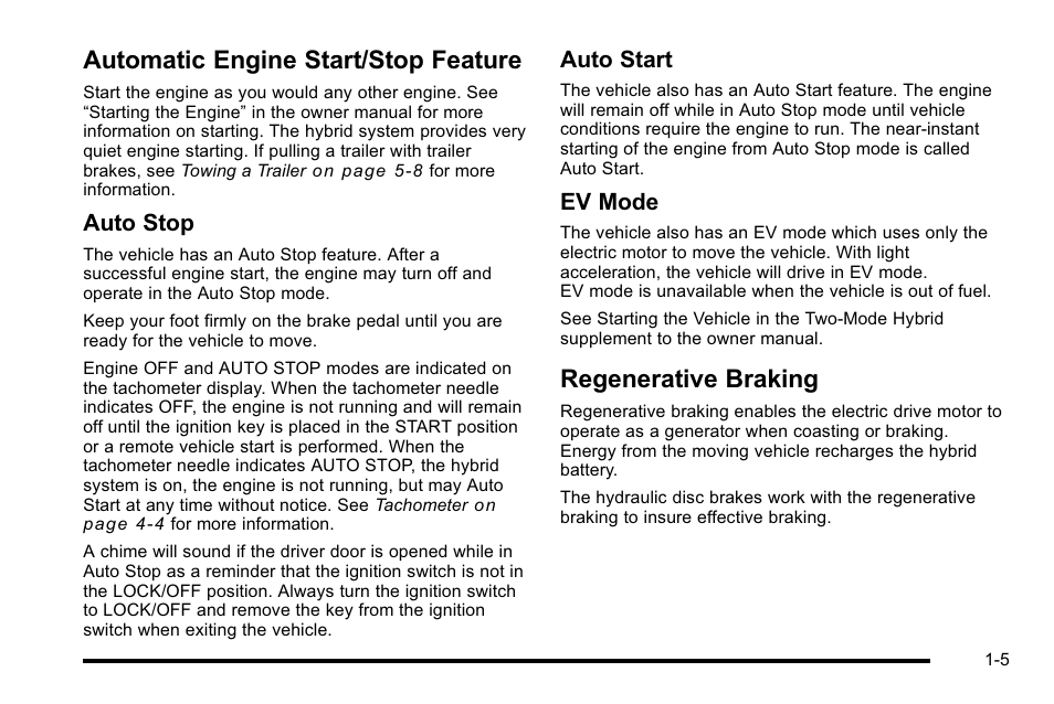 Automatic engine start/stop feature, Regenerative braking, Auto stop | Auto start, Ev mode | Cadillac 2010 Escalade Hybrid User Manual | Page 9 / 112