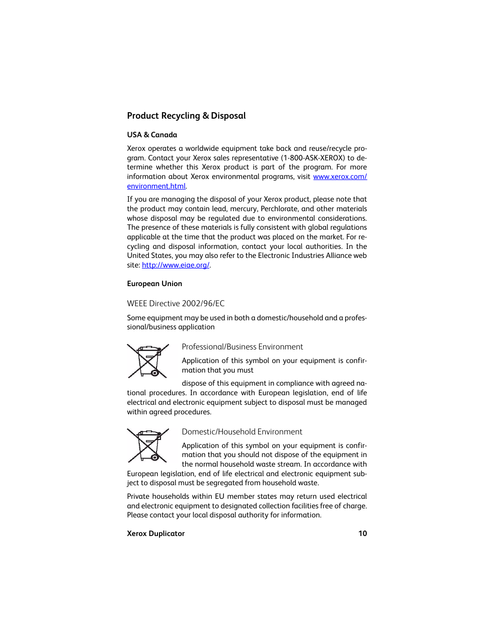 Product recycling & disposal, Usa & canada, European union | Usa & canada european union | Vinpower Digital Xerox Standard User Manual | Page 10 / 74