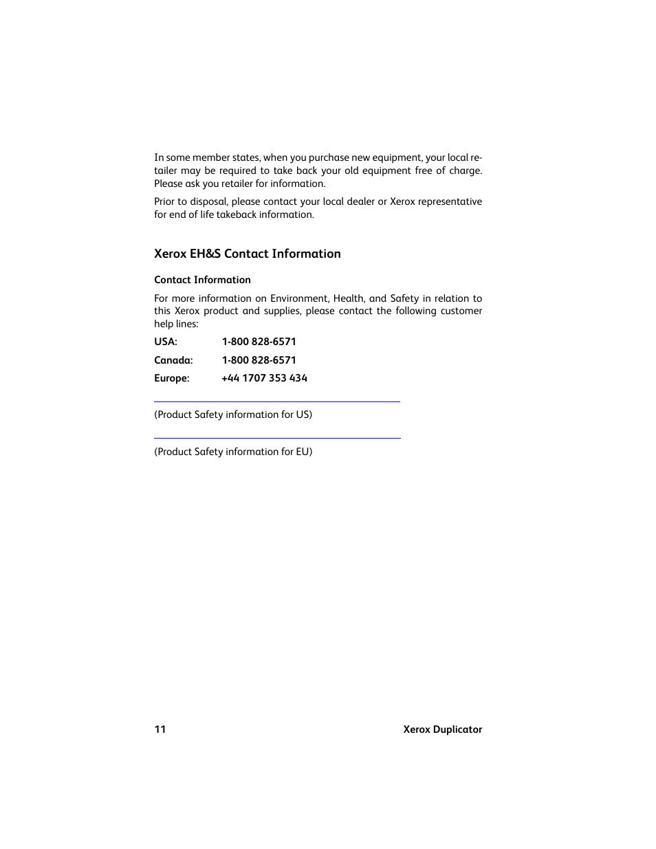 Xerox eh&s contact information, Contact information | Vinpower Digital Xerox Standard User Manual | Page 11 / 74