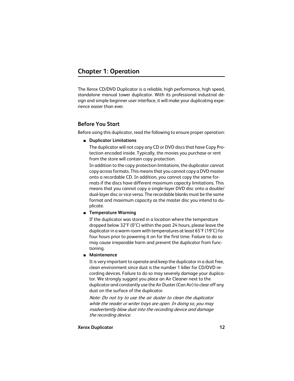 Chapter 1: operation, Before you start, Operation 12 | Vinpower Digital Xerox Standard User Manual | Page 12 / 74