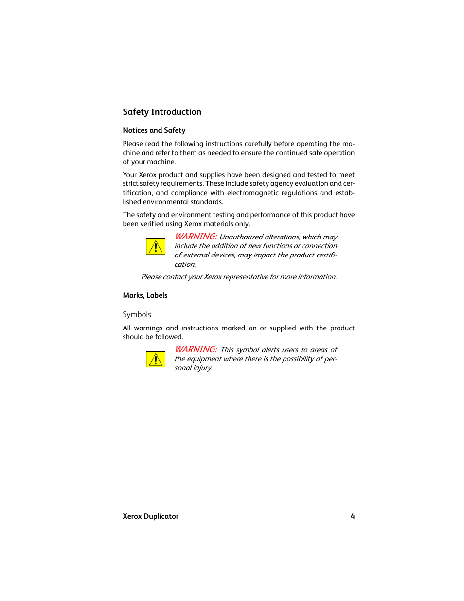 Safety introduction, Notices and safety, Marks, labels | Notices and safety marks, labels | Vinpower Digital Xerox Standard User Manual | Page 4 / 74