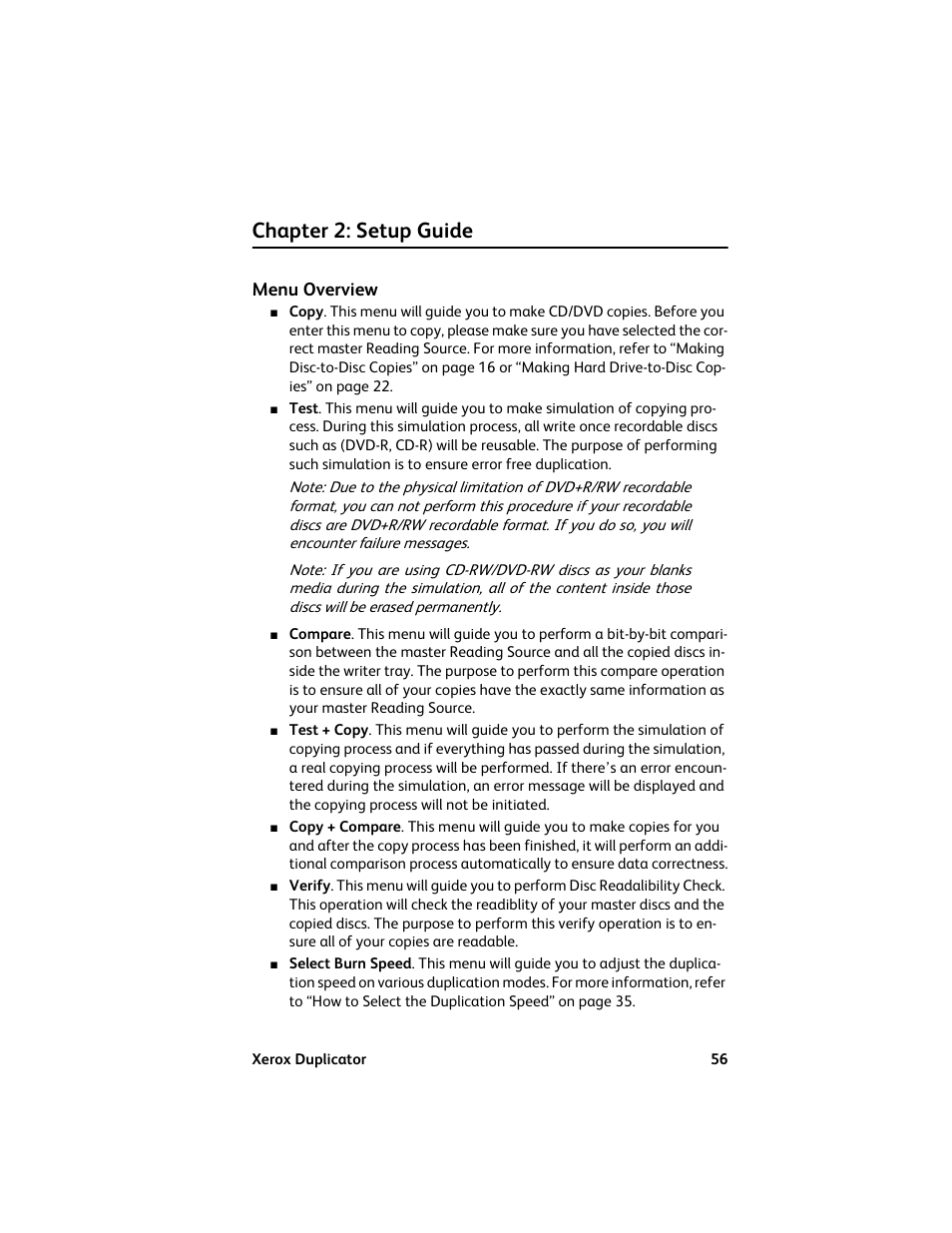 Chapter 2: setup guide, Menu overview, Setup guide | Vinpower Digital Xerox Standard User Manual | Page 56 / 74