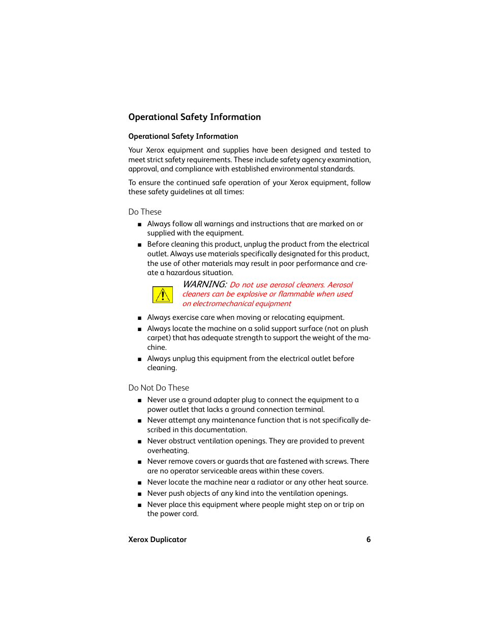 Operational safety information, Warning, Do these | Do not do these | Vinpower Digital Xerox Standard User Manual | Page 6 / 74