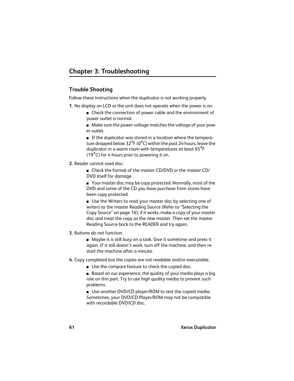 Chapter 3: troubleshooting, Trouble shooting, Troubleshooting 61 | Vinpower Digital Xerox Standard User Manual | Page 61 / 74