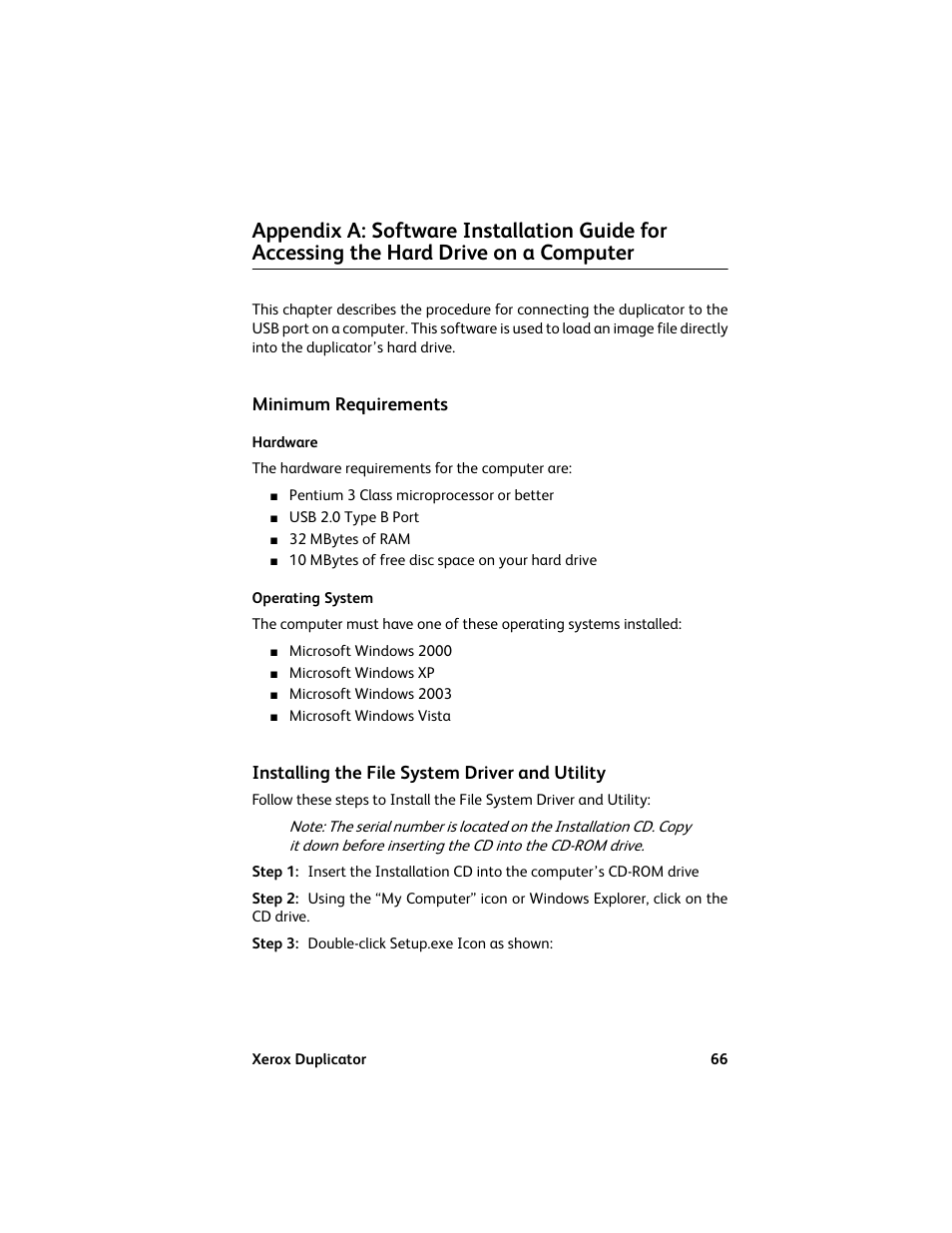 Minimum requirements, Hardware, Operating system | Installing the file system driver and utility, Hardware operating system | Vinpower Digital Xerox Standard User Manual | Page 66 / 74