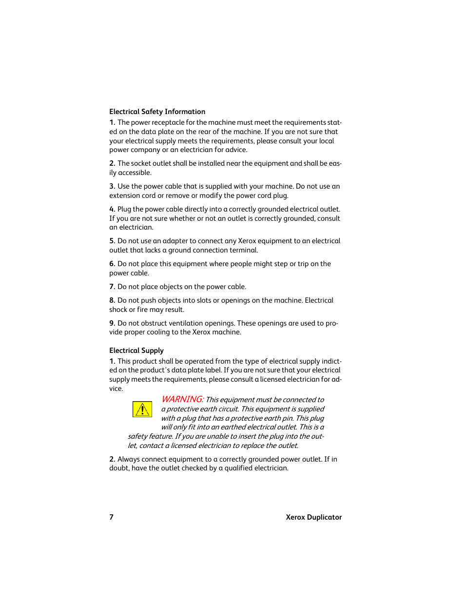 Electrical safety information, Electrical supply, Electrical safety information electrical supply | Warning | Vinpower Digital Xerox Standard User Manual | Page 7 / 74