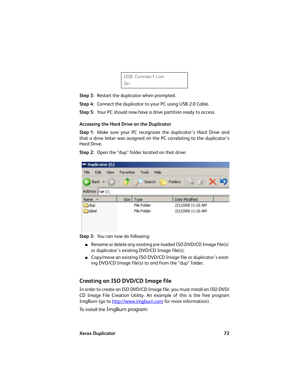 Accessing the hard drive on the duplicator, Creating an iso dvd/cd image file | Vinpower Digital Xerox Standard User Manual | Page 72 / 74