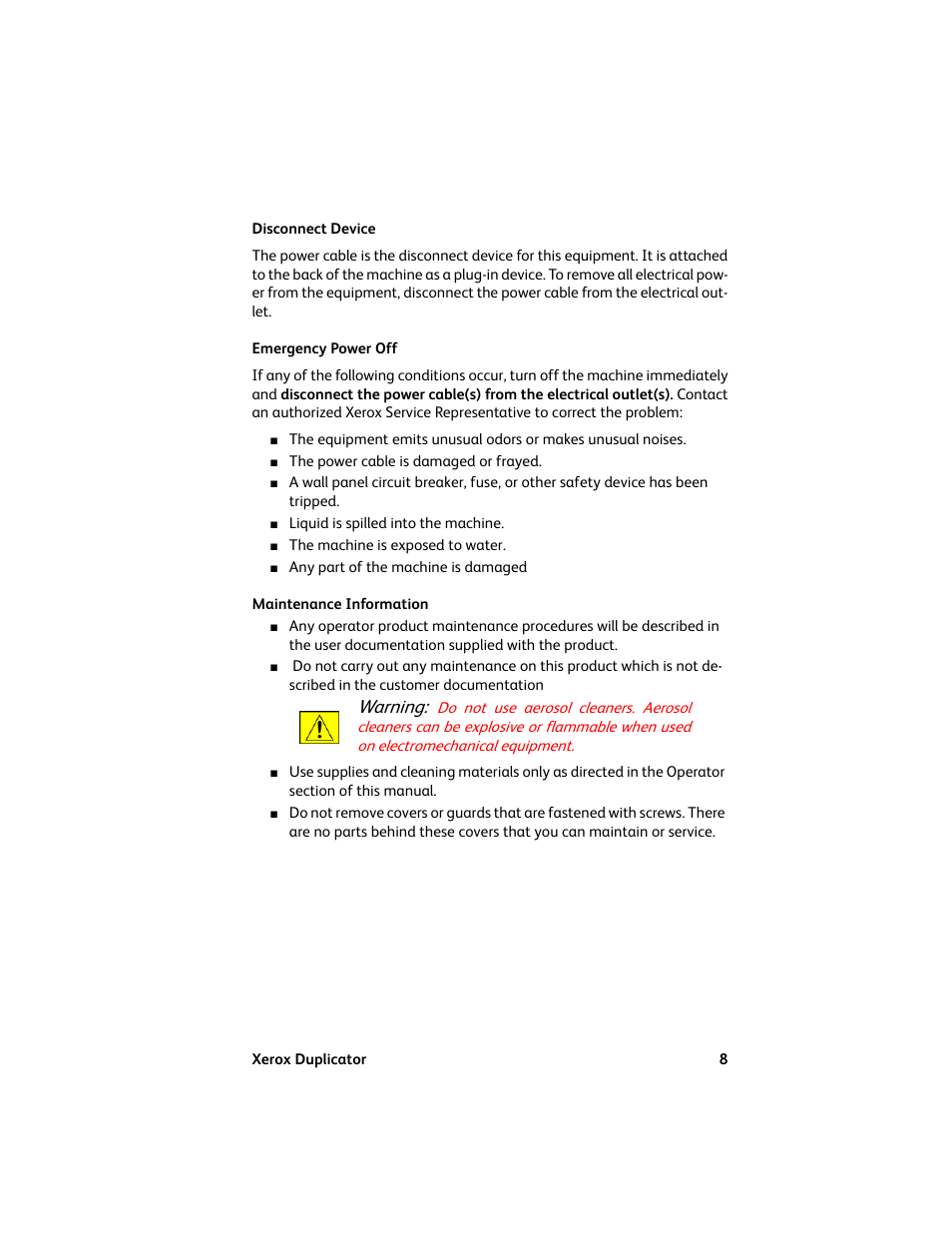 Disconnect device, Emergency power off, Maintenance information | Warning | Vinpower Digital Xerox Standard User Manual | Page 8 / 74