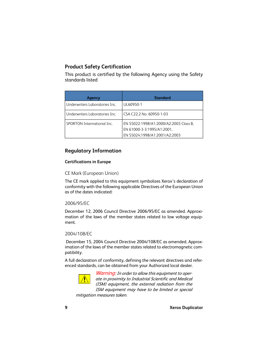 Product safety certification, Regulatory information, Certifications in europe | Warning | Vinpower Digital Xerox Standard User Manual | Page 9 / 74