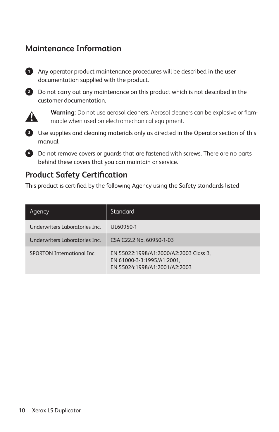 Maintenance information, Product safety certification | Vinpower Digital Xerox LightScribe Series User Manual | Page 10 / 85