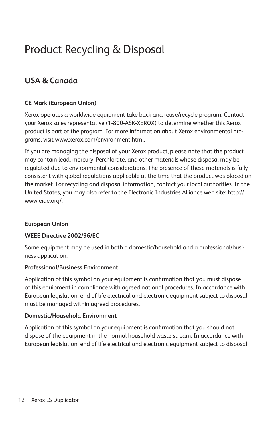 Product recycling & disposal, Usa & canada | Vinpower Digital Xerox LightScribe Series User Manual | Page 12 / 85