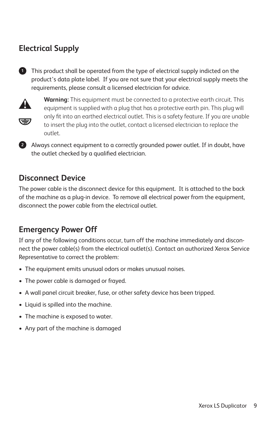 Electrical supply, Disconnect device, Emergency power off | Vinpower Digital Xerox LightScribe Series User Manual | Page 9 / 85