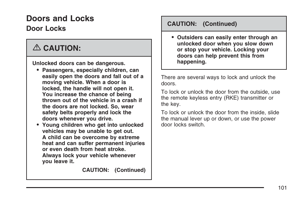 Doors and locks, Door locks, Caution | Cadillac 2007 User Manual | Page 101 / 580