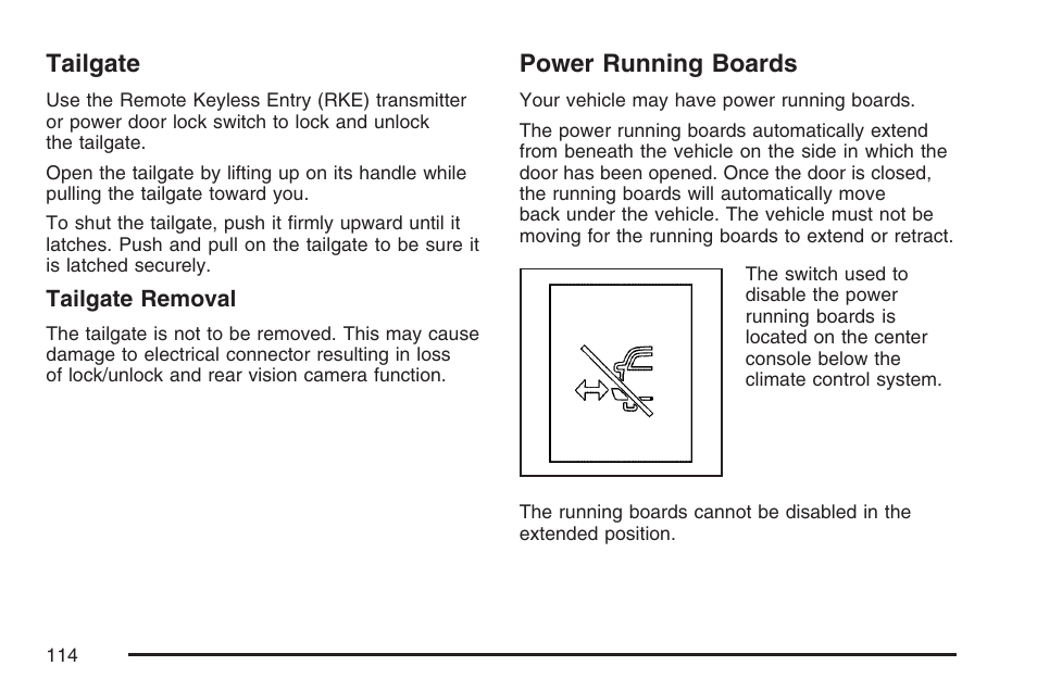 Tailgate, Power running boards, Tailgate power running boards | Cadillac 2007 User Manual | Page 114 / 580