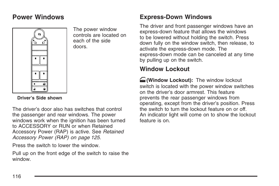 Power windows | Cadillac 2007 User Manual | Page 116 / 580