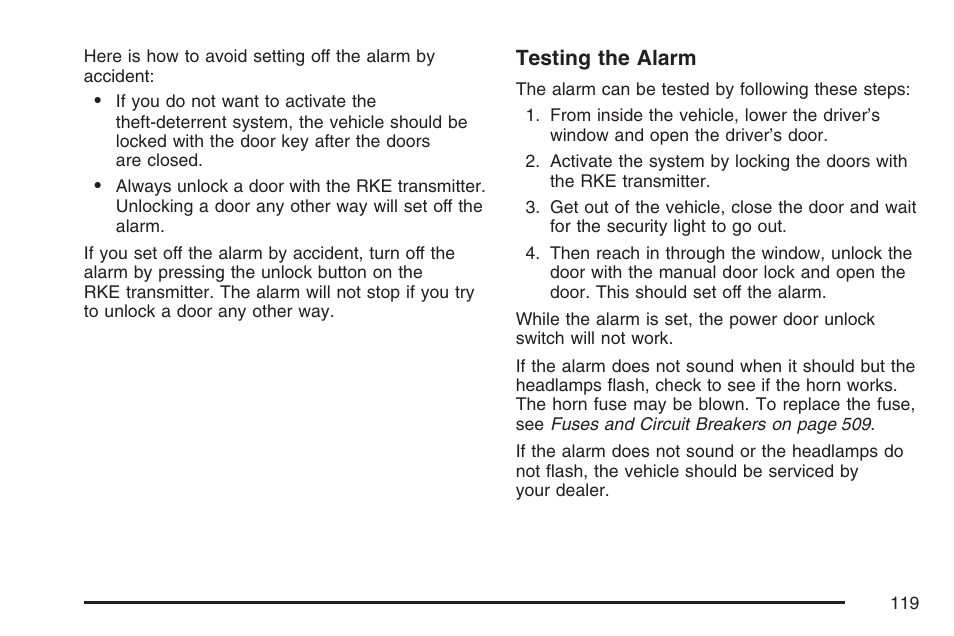 Testing the alarm | Cadillac 2007 User Manual | Page 119 / 580