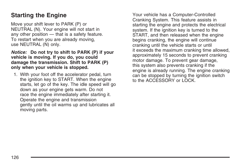 Starting the engine | Cadillac 2007 User Manual | Page 126 / 580