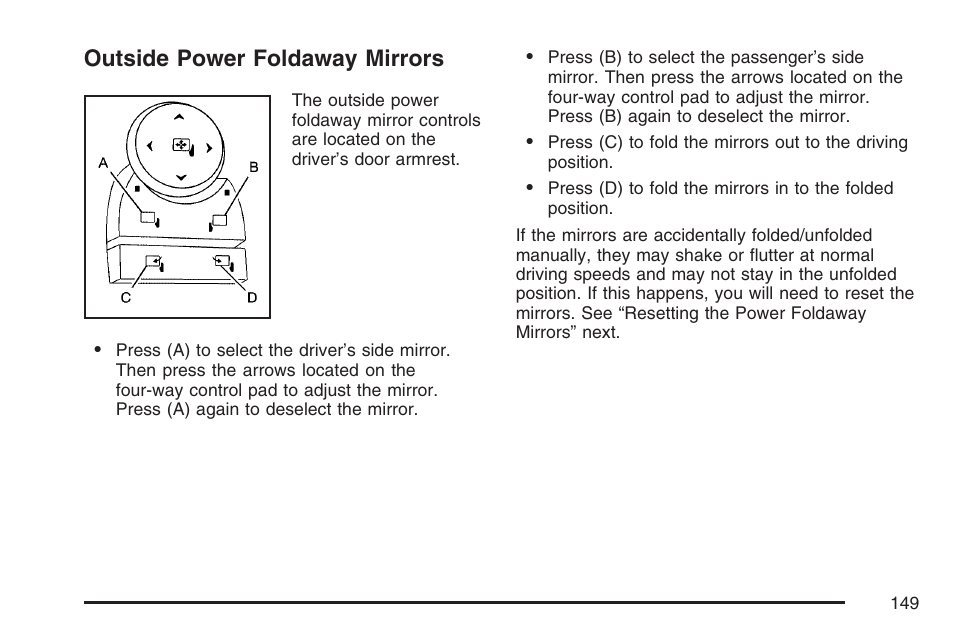 Outside power foldaway mirrors | Cadillac 2007 User Manual | Page 149 / 580