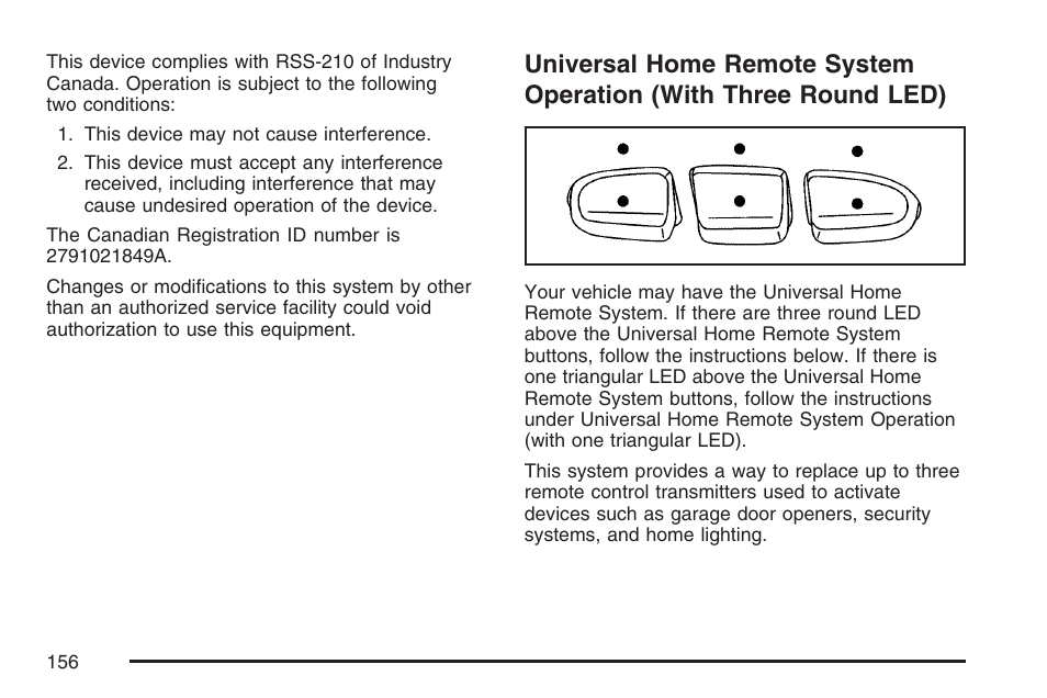 Universal home remote system, Operation (with three round led) | Cadillac 2007 User Manual | Page 156 / 580