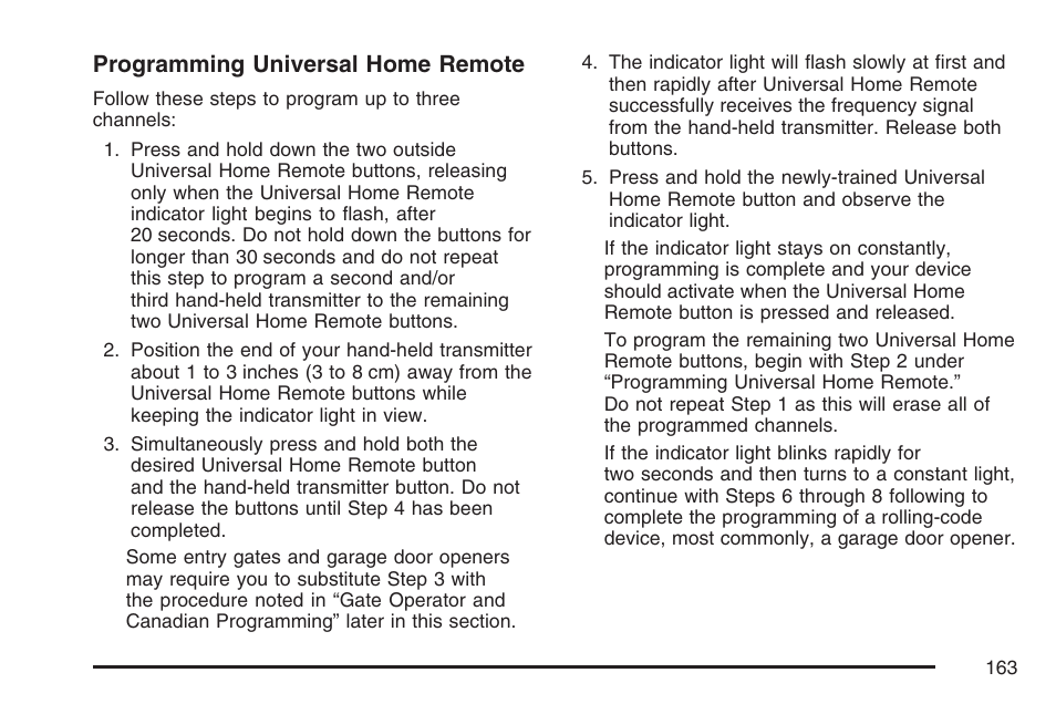 Programming universal home remote | Cadillac 2007 User Manual | Page 163 / 580