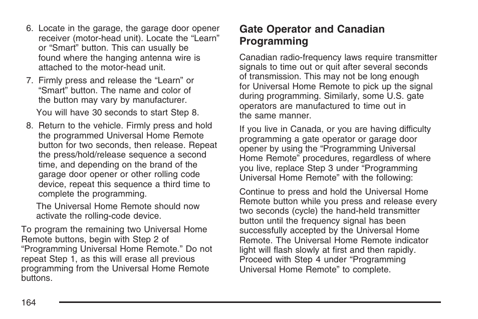 Gate operator and canadian programming | Cadillac 2007 User Manual | Page 164 / 580