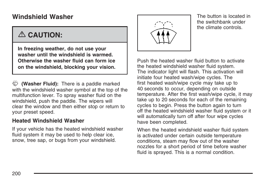 Windshield washer, Windshield, Washer | Caution | Cadillac 2007 User Manual | Page 200 / 580