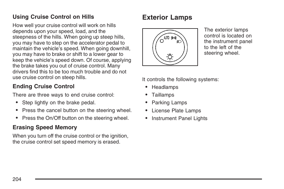 Exterior lamps | Cadillac 2007 User Manual | Page 204 / 580