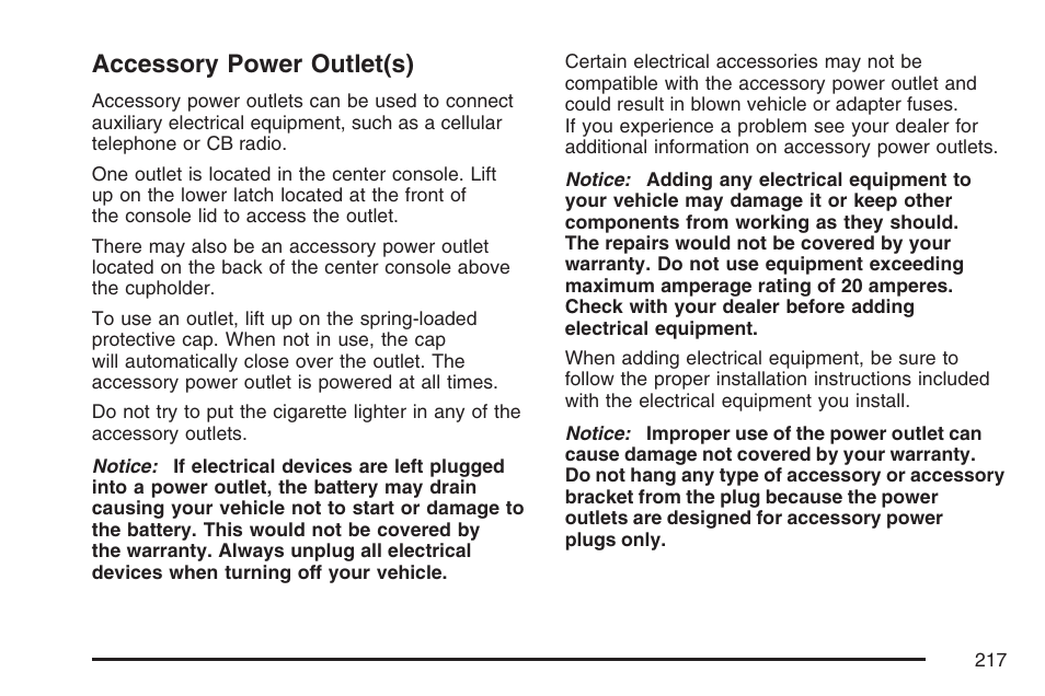 Accessory power outlet(s) | Cadillac 2007 User Manual | Page 217 / 580
