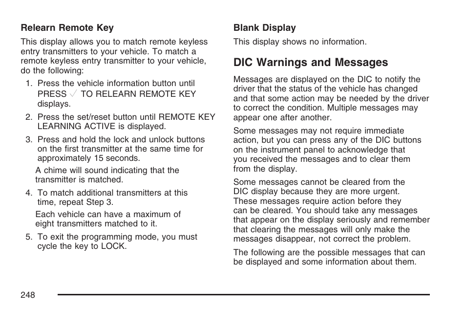 Dic warnings and messages | Cadillac 2007 User Manual | Page 248 / 580