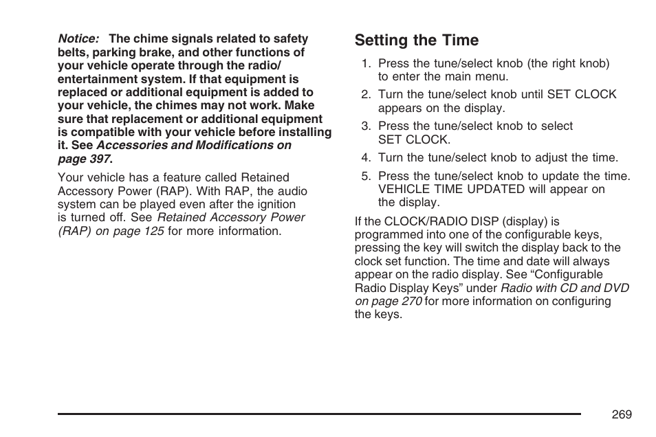Setting the time | Cadillac 2007 User Manual | Page 269 / 580