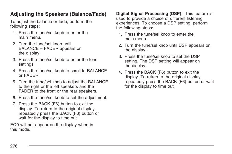 Adjusting the speakers (balance/fade) | Cadillac 2007 User Manual | Page 276 / 580