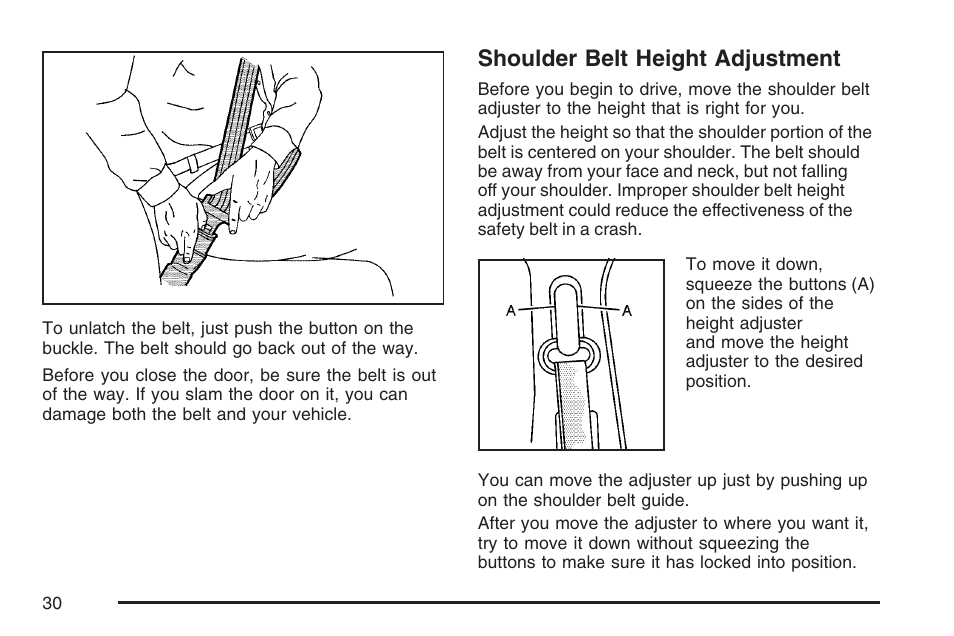 Shoulder belt height adjustment | Cadillac 2007 User Manual | Page 30 / 580