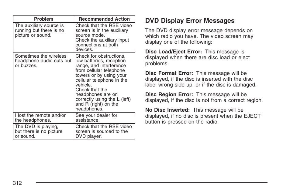 Dvd display error messages | Cadillac 2007 User Manual | Page 312 / 580