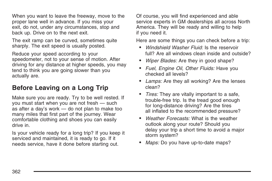 Before leaving on a long trip | Cadillac 2007 User Manual | Page 362 / 580