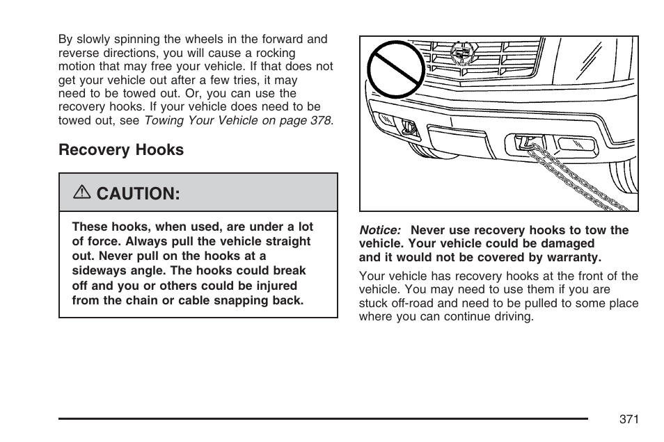 Recovery hooks, Caution | Cadillac 2007 User Manual | Page 371 / 580
