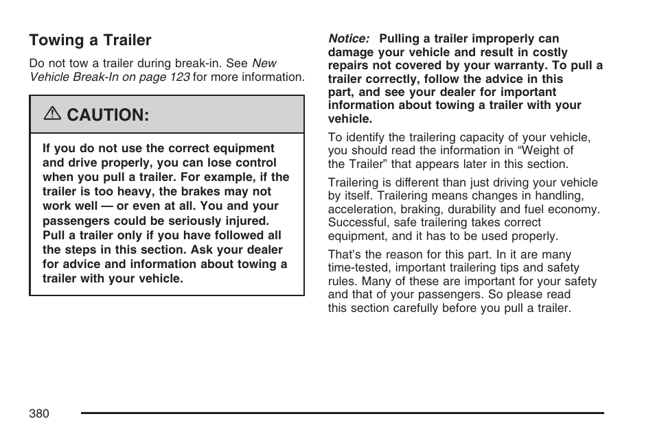 Towing a trailer, Caution | Cadillac 2007 User Manual | Page 380 / 580