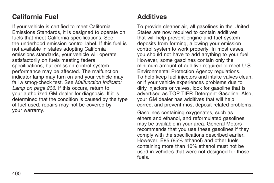 California fuel, Additives, California fuel additives | Cadillac 2007 User Manual | Page 400 / 580