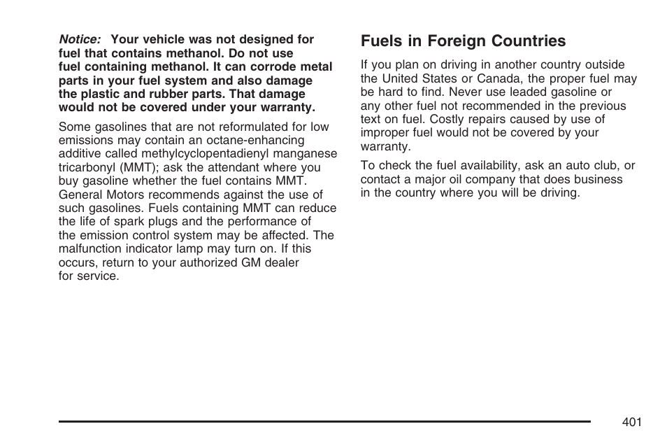 Fuels in foreign countries | Cadillac 2007 User Manual | Page 401 / 580