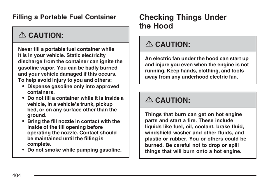 Filling a portable fuel container, Checking things under the hood | Cadillac 2007 User Manual | Page 404 / 580